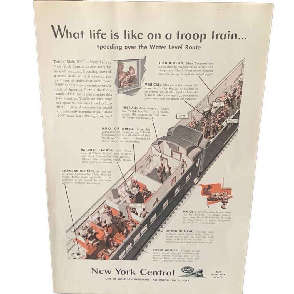 Vintage 1943 New York Central Life on a Troop Train Ad Advertisement